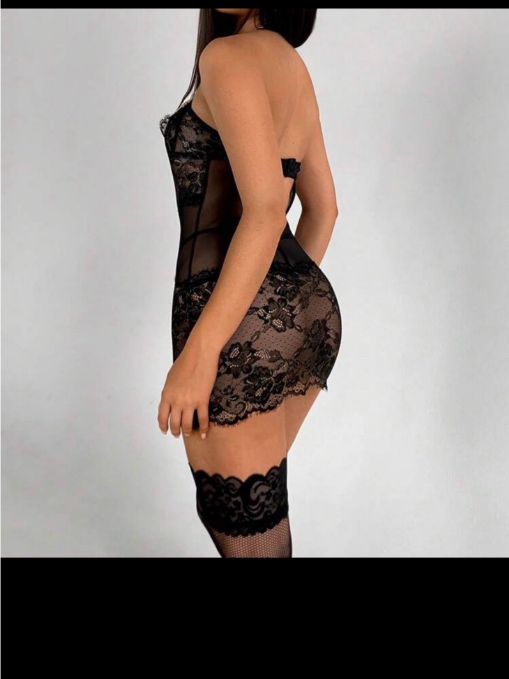 Black Lace Sheer Chemise Slip with Floral Detail